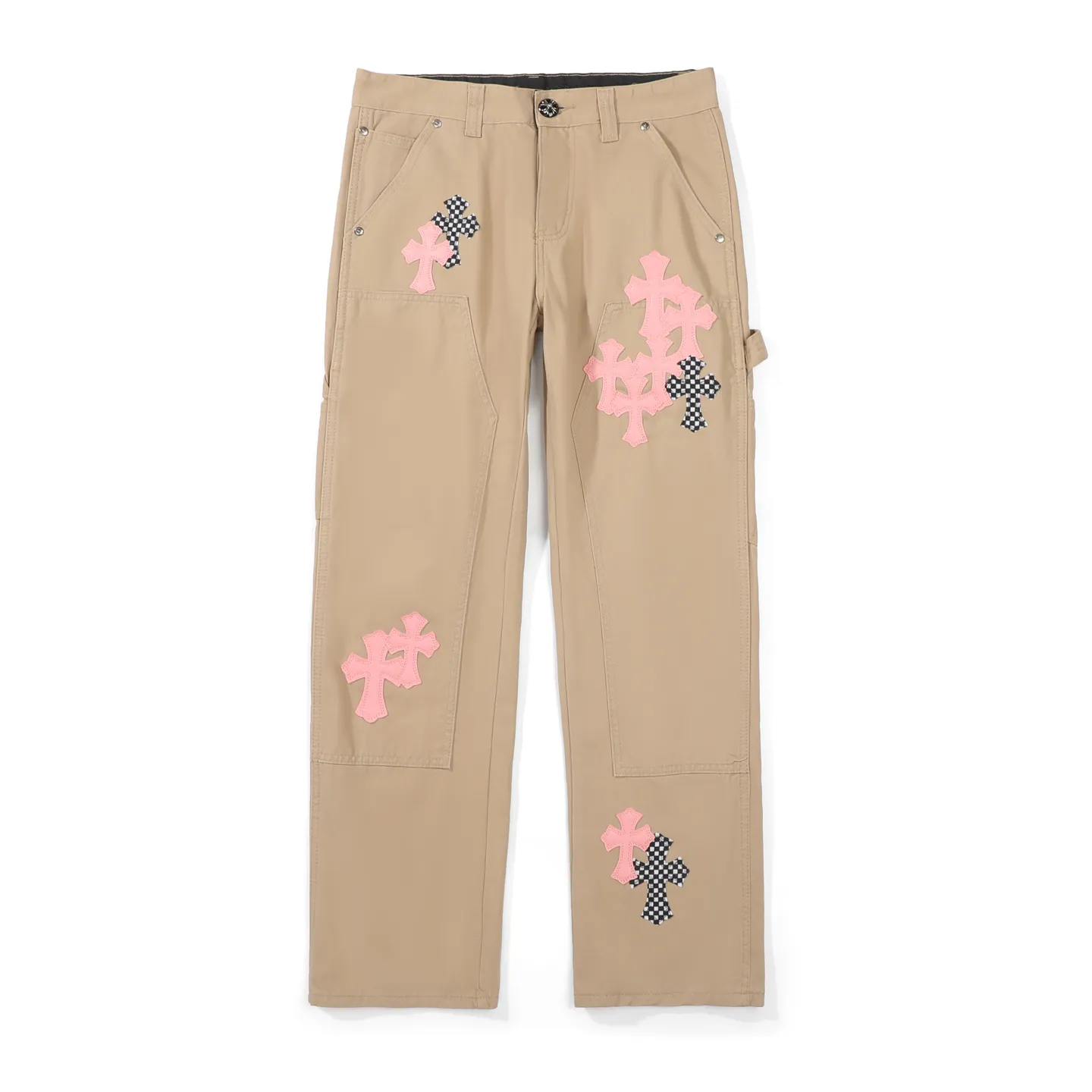 P270 CHROME HEARTS 2025 new khaki logging pink checkerboard cross leather couple style loose jeans Top ceiling quality Styles with different washed textures are very friendly to people with thin legs and thick legs. The straight and loose version is very flattering to the leg shape. The moderate length will never go out of style, easy to match with casually, the basic styling of various styles, a must-have in the wardrobe! The fabric is stiff but also makes the upper body soft without losing texture. The washing process is even more perfect. It is a must-have item for everyone! ! ! Color: Khaki Size: 28/30/32/34 Waist: 75/80/85/90 Knee: 45.5/47/48.5/50 Pants length: 102/104/106/108